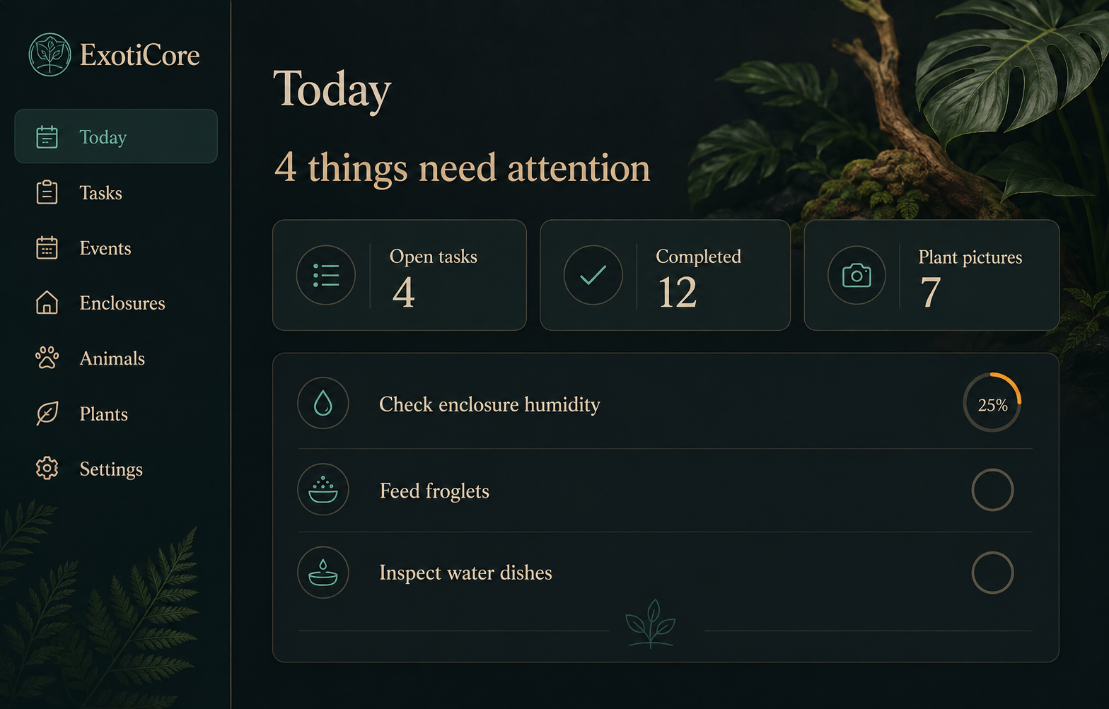 Sanitized ExotiCore Today dashboard showing task totals and a care queue