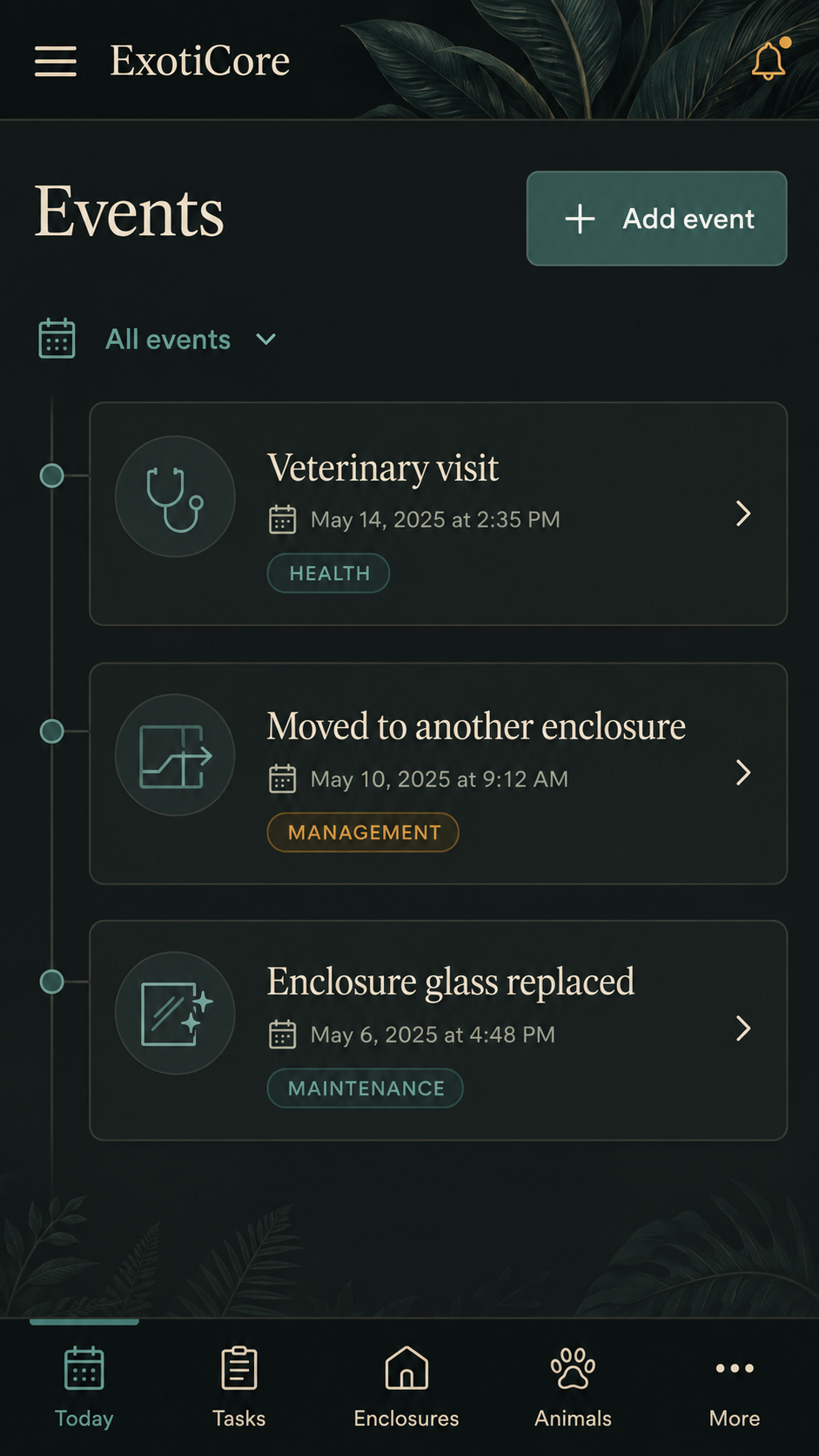 Sanitized ExotiCore mobile event history showing veterinary, enclosure move, and maintenance records